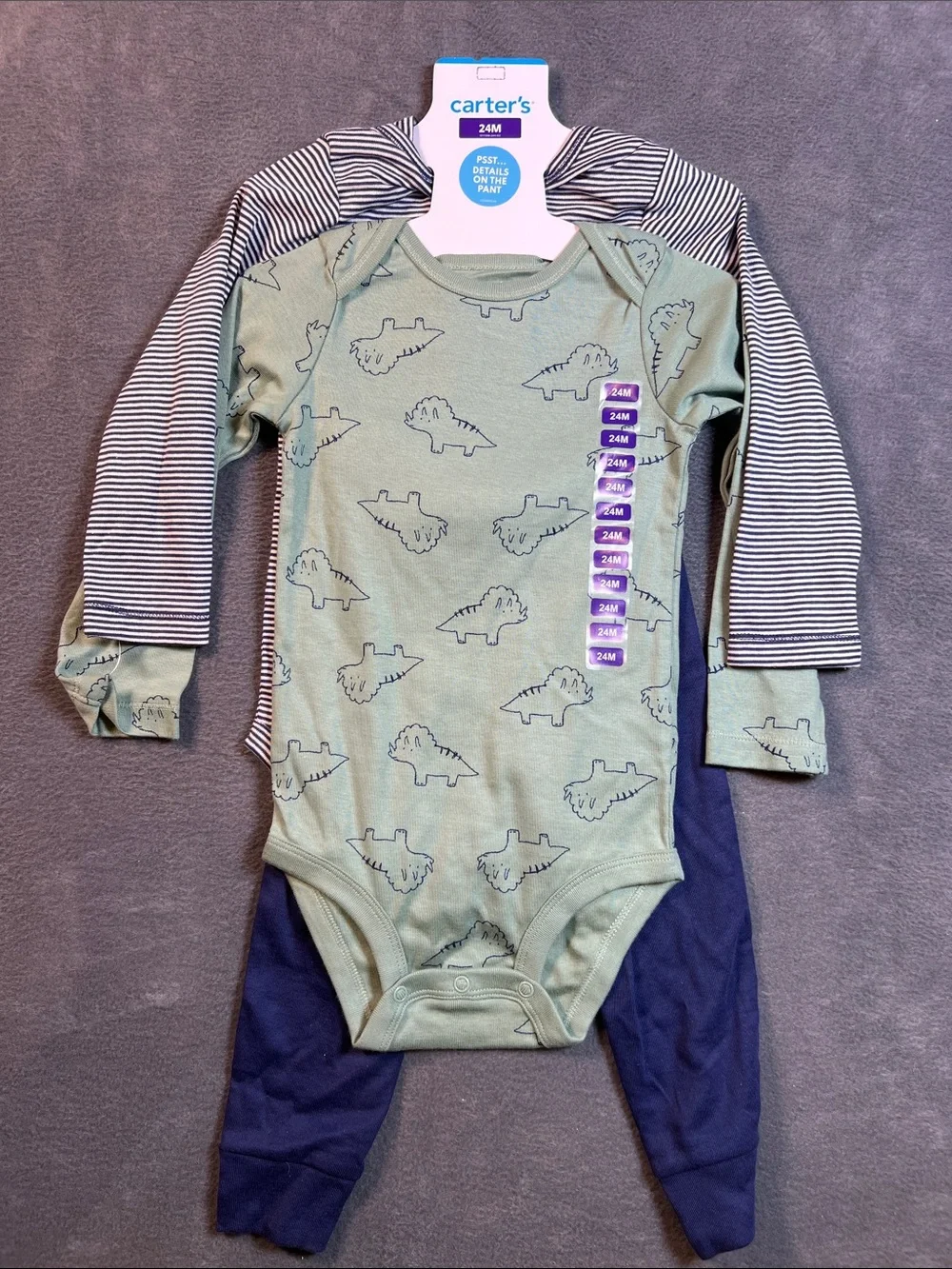 Carter's Sage Dino & Navy Stripe Long-Sleeve One-Piece Set